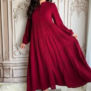 Long-Sleeve Button-Front Maxi Dress in Deep Berry